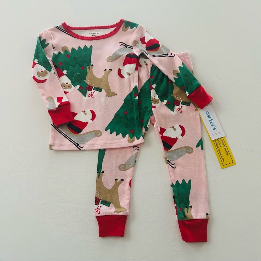 Carter’s 12 18 24 Months 3T Baby Toddler Pink Holiday Christmas Pajama Set Santa